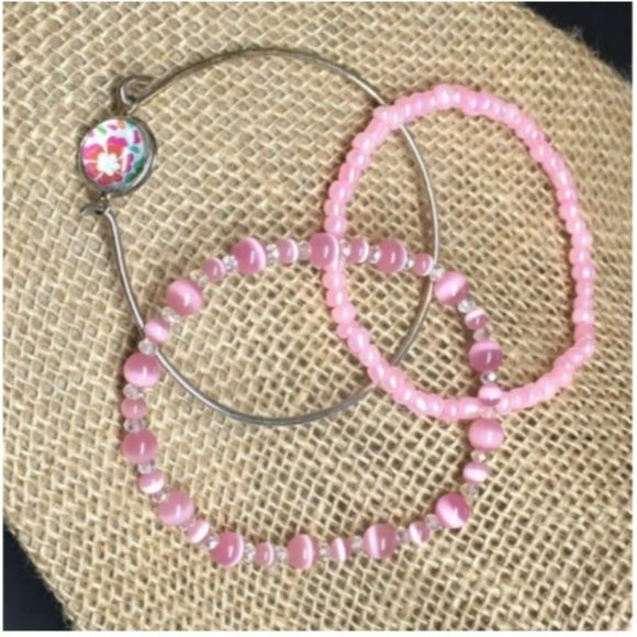Bracelet Lot Of Three Barbie Pink Flower Silver Hook Moonstone Seed Bead Retro - Picture 1 of 4